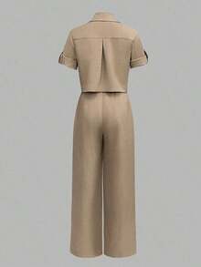 ANCHOSE Conjunto de camisa de botones de cuello corto azul marino de verano para mujer + pantalones de pierna ancha con cintura elástica alta, conjunto de atuendo casual minimalista para ir al trabajo - Blanco - Ver 3