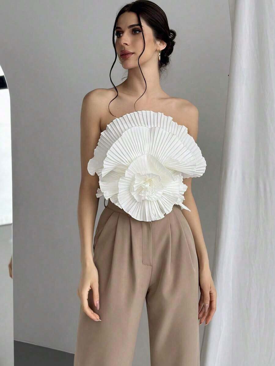Bandeau plisado con estampado floral - Beis - Ver 1