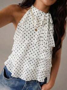 Parte superior de halter con volantes y estampado de lunares para mujer, elegante, para verano, vacaciones de primavera, Día de San Valentín, carnaval, playa, vacaciones de verano, parte superior de lunares amarillos, nuevos lanzamientos 2026, adecuada para vacaciones en la playa, citas, uso casual y días festivos - Blanco - Ver 12