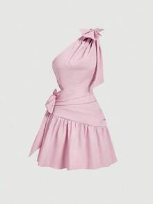 MOD Vestido corto asimétrico de cuello con lazo en color morado, para verano - Rosa - Ver 1