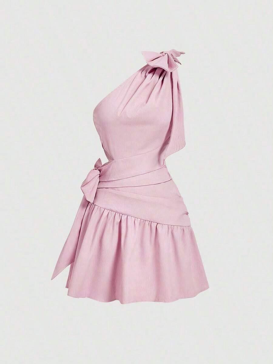 MOD Vestido corto asimétrico de cuello con lazo en color morado, para verano - Rosa - Ver 1