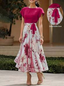 Vestido largo casual y elegante de tela tejida con estampado floral, adecuado para uso diario y todas las temporadas de vacaciones de verano - Rosa Fucsia - Ver 1