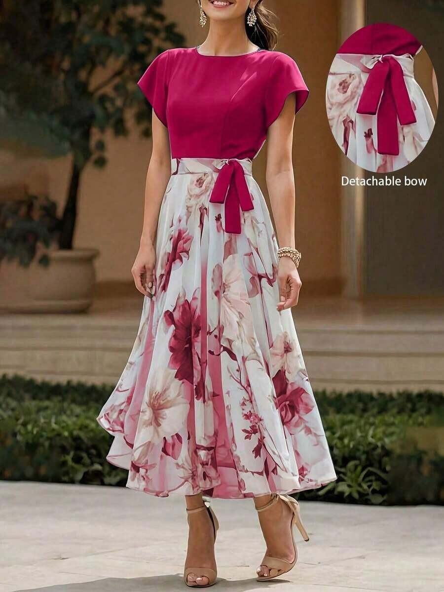Vestido largo casual y elegante de tela tejida con estampado floral, adecuado para uso diario y todas las temporadas de vacaciones de verano - Rosa Fucsia - Ver 1
