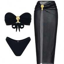 Fengyu Women's Clothing Store Swim Oasis Conjunto de bikini bandeau de 3 piezas en colores lisos con decoración metálica, complementado con falda de malla, elegante y sexy traje de baño para mujeres para vacaciones, fiestas en la playa - Marrón - Ver 2