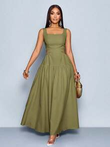 xheSOLERSUN Vestido elegante de mujer con cuello cuadrado, corte en la cintura, espalda con lazo y pliegues, estilo línea A, para Hawái, vestidos de verano para mujer, vestido para té, vestido largo blanco para graduaciónxhe - Verde militar - Ver 5