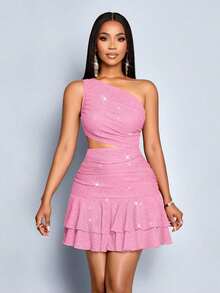 Vestido mini sexy de manga corta, hombros descubiertos, cuello de un hombro, cintura hueca, cadera y pecho recogidos, con textura de tela brillante de lentejuelas de punto rojo, para fiestas y uso diario, con dobladillo con doble volante, para otoño e invierno - Rosa - Ver 6