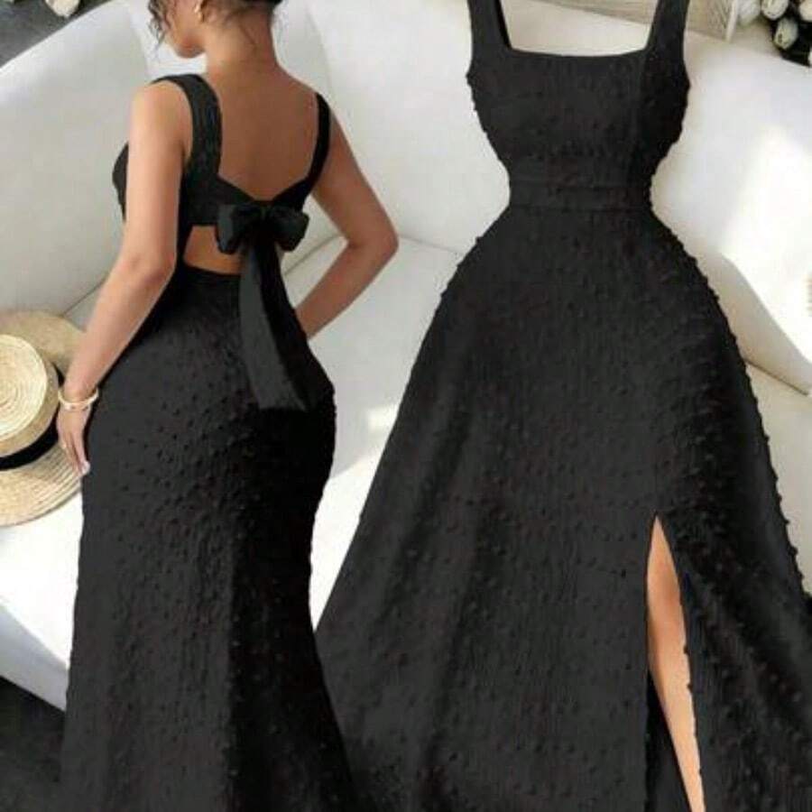 guangzhougaolangshangmao Nuevo vestido de punto texturizado sin mangas con cuello cuadrado, diseño de lazo en la espalda abierta, elegante vestido ajustado para fiesta - Negro01 - Ver 1