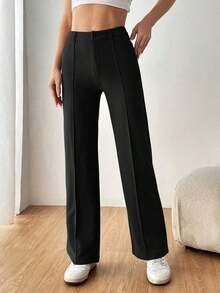Pantalones de traje de mujer con bolsillos laterales sesgados, líneas de costura visibles para otoño/invierno - Negro - Ver 4