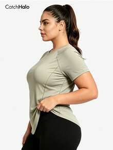 Plus Size Women Short Sleeve Solid Color Sports Top, Asymmetric Hem, Quick Dry Stretchy Casual Fitness T-Shirt, Gym Workout Daily Wear, Spring - Màu xanh Bạc hà - Xem 10