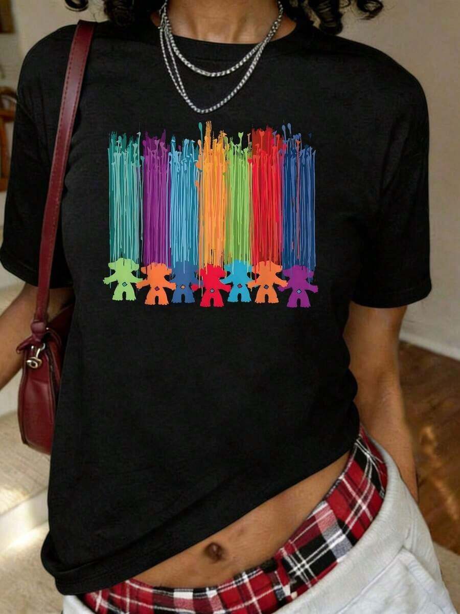 Camiseta con Estampado de Pelo de Troll Colorido, Manga Corta, Cuello Redondo, Estilo Casual para Verano y Primavera, Ropa de Mujer - Negro - Ver 1