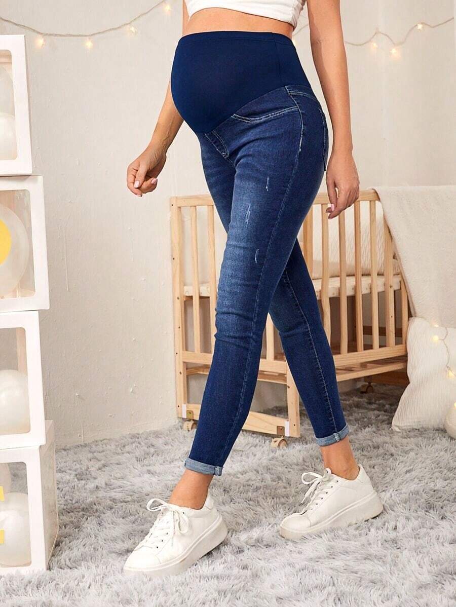 Maternidad Jeans ajustados desgarro de talle alto - Negro - Ver 1