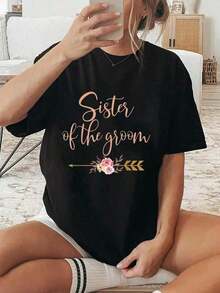 Camiseta 100% Algodón para Hermana del Novio, Regalo para Fiesta de Despedida de Soltera, Camiseta Gráfica para Mujer y Hombre, Cuello Redondo Cómodo, Tops para Vacaciones de Verano, Transpirable y Cómoda - Negro - Ver 5