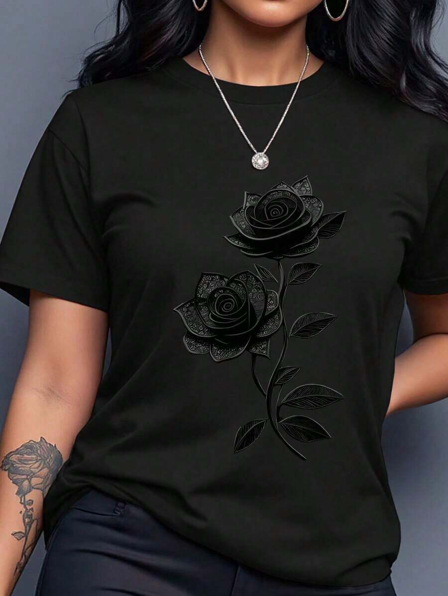 Plus Size Plain Round Neck Short Sleeve T-Shirt, Versatile And Practical - Black - View 1