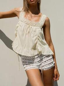 Women's Coquette Cream Lace Trim Camisole Y2K Square Neck Ruffled Hem Drawstring Ruched Top For Summer - 象牙白 - 查看 3