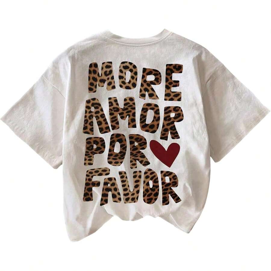 Playera de TendenciaWomen's Leopard Letter Graphic Tees Cute Heart Cheetah Shirt Vintage Aesthetic Summer Y2k Tops,Camisetas casuales para hombre, camisas para niño, ropa para niña, conjuntos con estampados de anime, conjuntos para madre e hija, unisex, camisetas conmemorativas, artículos para el Día de San Valentín. - Blanco - Ver 1