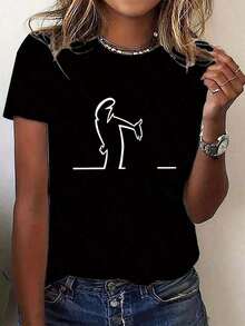 Camiseta Casual con Estampado para Mujer - Diseño de Bloques de Color Blanco y Estampado de Breakdance, Cuello Redondo Holgado, Elasticidad Media, Adecuada para Uso Diario y Ejercicio, Estilo Urbano Divertido, 100% Algodón - Blanco - Ver 7