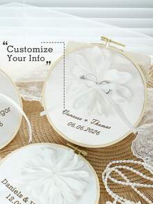 Takeoak 1pc Customized Lace Wedding Ring Pillow, Personalized Ring Holder With Name And Date Engraving, Pearl Bowknot, Rustic Elegant Round Ring Cushion, Multi-Layer Ring Display, Romantic Bridal Ceremony Decor, Engagement Anniversary Gift, Wedding Accessory - Multicolor - View 1