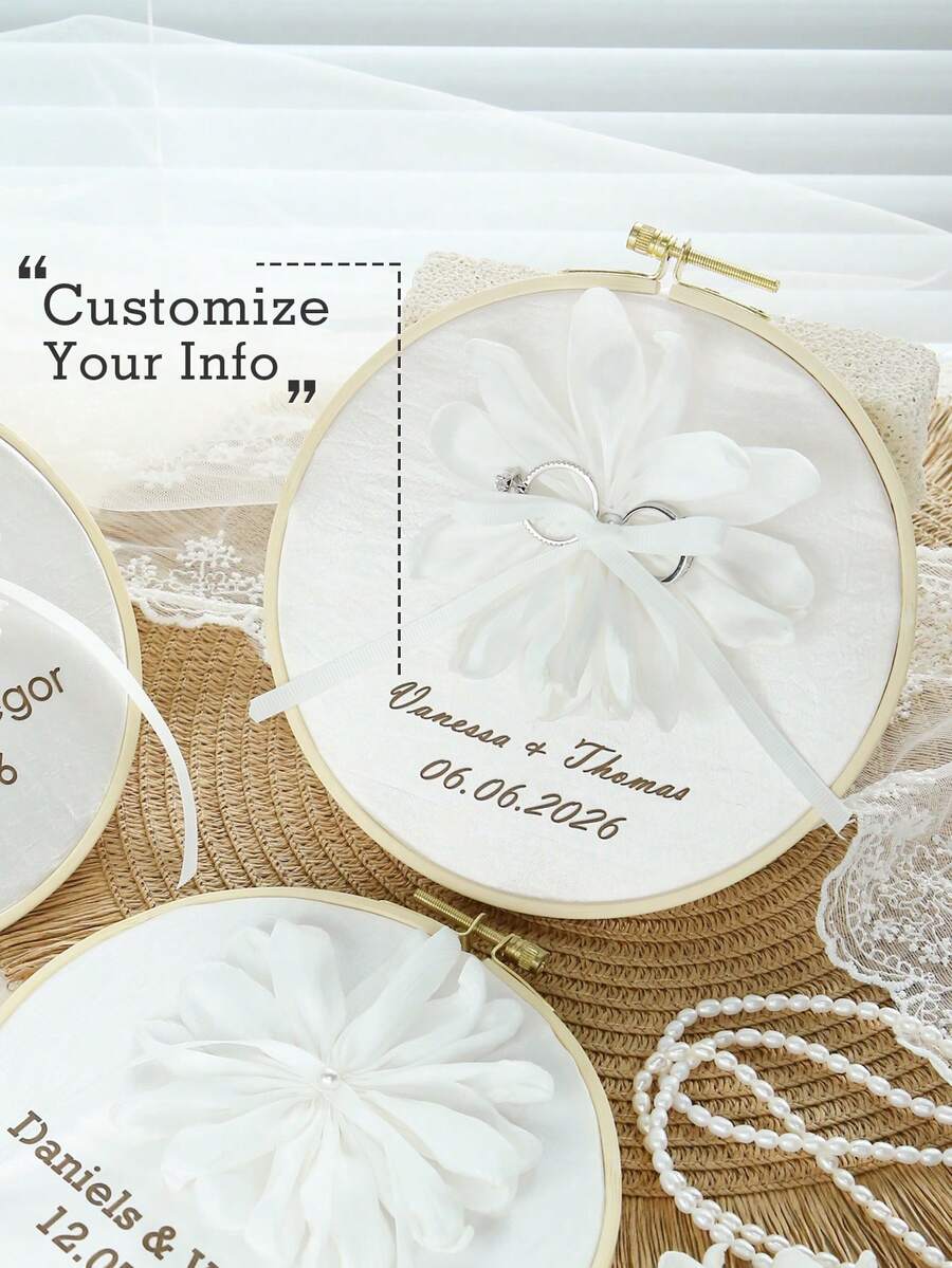 Takeoak 1pc Customized Lace Wedding Ring Pillow, Personalized Ring Holder With Name And Date Engraving, Pearl Bowknot, Rustic Elegant Round Ring Cushion, Multi-Layer Ring Display, Romantic Bridal Ceremony Decor, Engagement Anniversary Gift, Wedding Accessory - Multicolor - View 1