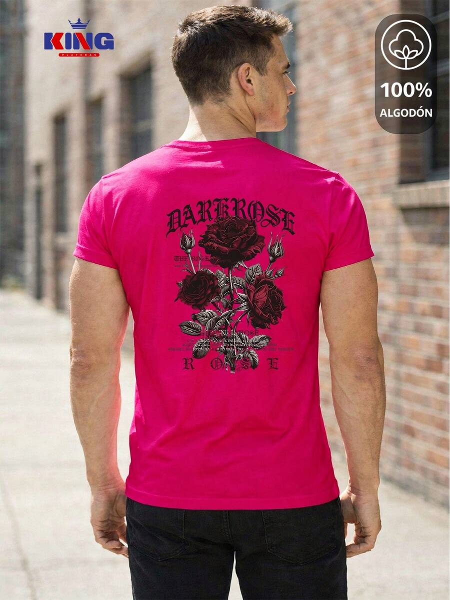 King T-shirt Playera 100% algodón de excelente calidad, esta playera garantiza una suavidad excepcional al tacto, cuello redondo con estampado "Dark Rose Gothic Floral" y manga corta - Rosa Fucsia-Est-Negro - Ver 1