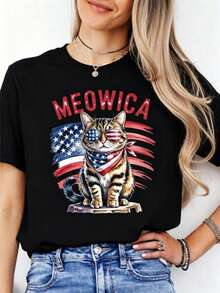 Camiseta Patriótica para Gato Meowica, Camiseta con Bandera Americana para Gato, Lindo Suéter para Gato de EE. UU., Camiseta para Gato del 4 de Julio, Día de los Caídos, Día de la Independencia - Negro - Ver 1