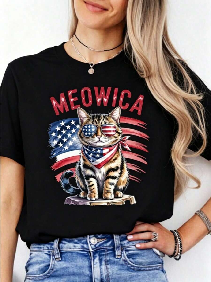 Camiseta Patriótica para Gato Meowica, Camiseta con Bandera Americana para Gato, Lindo Suéter para Gato de EE. UU., Camiseta para Gato del 4 de Julio, Día de los Caídos, Día de la Independencia - Negro - Ver 1