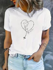 Spring And Summer One-Piece T-Shirt With Round Neck, Jersey And Cross Heart Print, Round Neck And Short Sleeves, Ideal For Running, Sports, Fashion, Elegant, Individual And Interesting For Women - 白色 - 查看 3