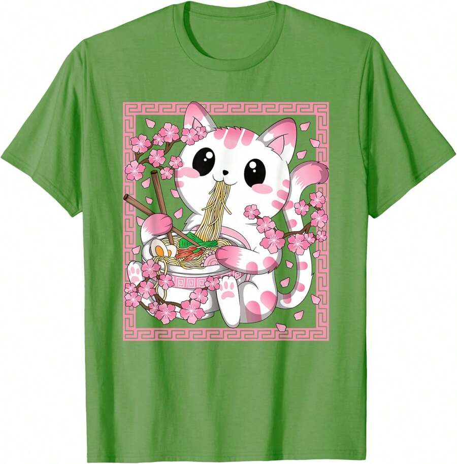 Camiseta Kawaii Cat Ramen Anime Japanese Cherry Blossom para mujeres y niñas - Hierba - Ver 1