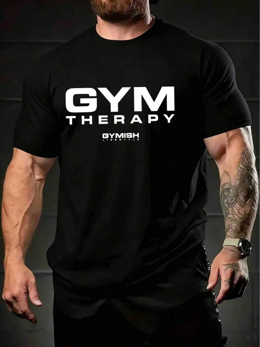 This Adult T-Shirt Features A Crew Neck And A Motivational Print With The Slogan 'GYM THERAPY' On The Front. The Design Is Inspired By Fitness Culture And Minimalist Aesthetics. - 黑色 - 查看 1
