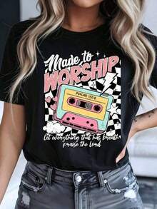 Camiseta Boho Retro Cristiana para Mujer con Estampado de Casete, Manga Corta - Negro - Ver 4