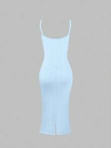 Ywenier Vintage Casual Elegant Knitted Maxi Dress, Square Neck Spaghetti Strap Front Tie Backless Tank Dress, Valentine's Day Summer Vacation Beach Cover-Up - Blue - View 6