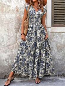Vestido largo con volantes y estampado completo, atuendo de vacaciones y playa para mujeres - Caqui - Ver 11