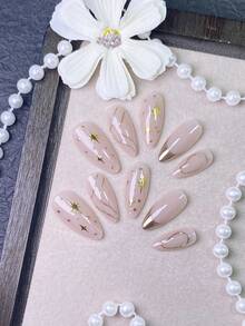 10pcs Handmade Nail Art Stickers, Handmade Nails, Short Nails, Summer Nails, Acrylic Nail Stickers, Nail Stickers, Nail Sticker Set, False Nails, Y2K Style Nails, Nude Nails, Champagne Nails, Gold Nails, Nude Almond-Shaped Gold Star Accent Nails, Gold Wavy Line Design Nails, Gold French Tip Nails, Abstract Gold Outline Nails. Elegant And Minimalist Style, Suitable For Ladies' Daily Commute, Dates, Nights Out And Special Occasions. - Champagne - View 4