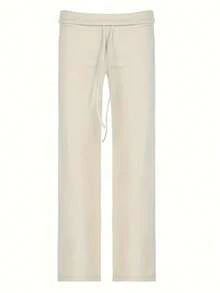 High-Waisted Straight Leg Trousers In Solid Color - [Beige] - View 5