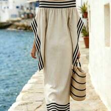 YijiaNvz  Holidaya Vestido casual y suelto con hombros descubiertos para mujer, adecuado para la playa, picnic, vacaciones, uso casual, negocios y uso diario - Beis - Ver 3