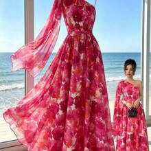 guangzhougaolangshangmao  Vestido sin mangas con estampado de mármol de flores y bajo asimétrico irregular, vestido elegante de vacaciones para mujer, primavera/verano - Rosa - Ver 1