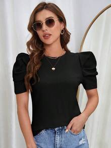 Manga De Globo, Cuello Redondo Con Camiseta De Tela Con Textura - Negro 2 - Ver 5