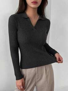 Suéter de punto acanalado con estampado de rayas, ropa de otoño - Gris - Ver 5