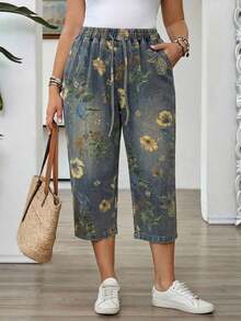 Mature Denim Pantalones capri casuales de mezclilla holgados con bolsillos y atar a la cintura para mujer de talla grande - Multicolor - Ver 6