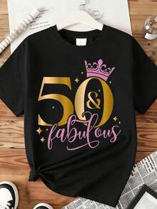Camiseta de Cumpleaños "50 y Fabulosa" para Mujer, Regalo de 50º Cumpleaños con Diseño de Corona, Estampado Dorado y Rosa, Camiseta para Celebración, Camiseta de Algodón - Negro - Ver 4
