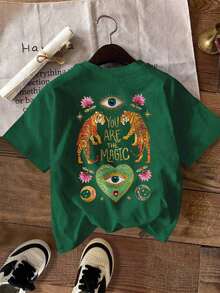 Camiseta de Verano de Manga Corta con Cuello Redondo y Estampado de Tigre Misterioso para Mujer Talla Grande - Verde Oscuro - Ver 4