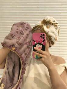 1pc Cute Thickened Lace Shower Cap, Absorbent Coral Fleece Quick Dry Hair Towel, Soft & Portable (Random Color For Cap Rim) - Multicolor - View 1