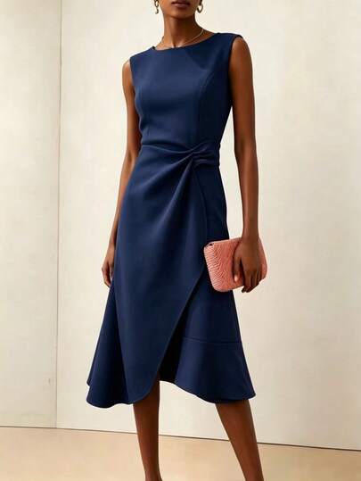 1 pieza Vestido de fiesta elegante de unicolor sin mangas con cuello redondo para mujer, vestido de verano casual de longitud media y elegante, vestido de noche azul marino
