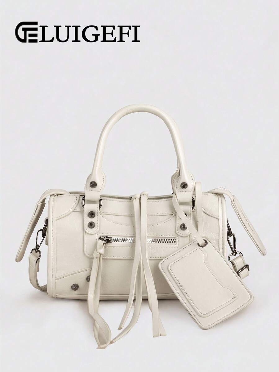 1pc Beige Splicing Rivets Inlaid Metal Tassels Zip Retro PU Material Small Bag Charms Loop Band Rivets Inlaid Sweet Cool Bikerbag Y2K Punk Square Bag - Beige - View 1