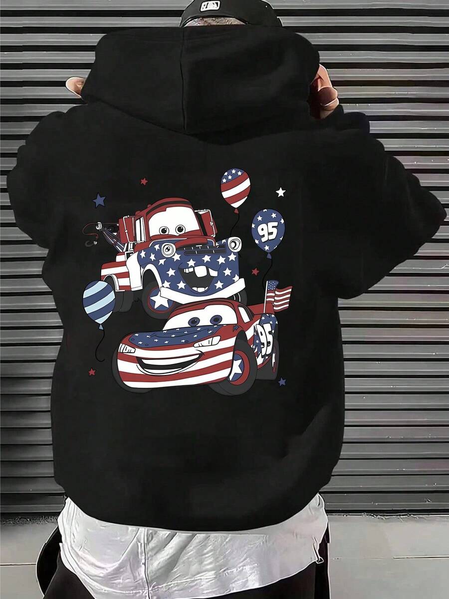 Disney Cars Lightning McQueen & Mater 4th Of July Graphic PrintUnisex Loose-Fitting Casual Top - Autumn/Winter Hooded Sweatshirt With Drawstring Hood, Machine Washable, Men's Clothing - Black - View 1