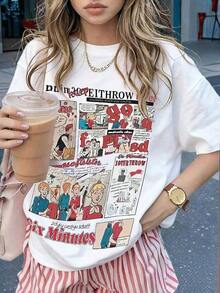 New Summer 2026 Collection, Women's Short Sleeve Crew Neck T-Shirt, Cartoon Letter Print, Versatile Casual Top, Fashionable Everyday Wear, Vintage Urban Style White, Unisex Short Sleeve Crew Neck T-Shirt, Cotton T-Shirt - 白色 - 查看 1