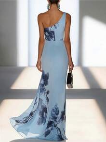 Print One Shoulder Cinched Maxi Dress For Women, Wedding Guest - 淺藍色 - 查看 4