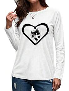 Cute Women's Cat And Heart Print T-Shirt, Soft Cotton Blend Fabric, Loose-Fitting Casual Summer T-Shirt For Everyday Wear And More - 2-白 - 查看 4