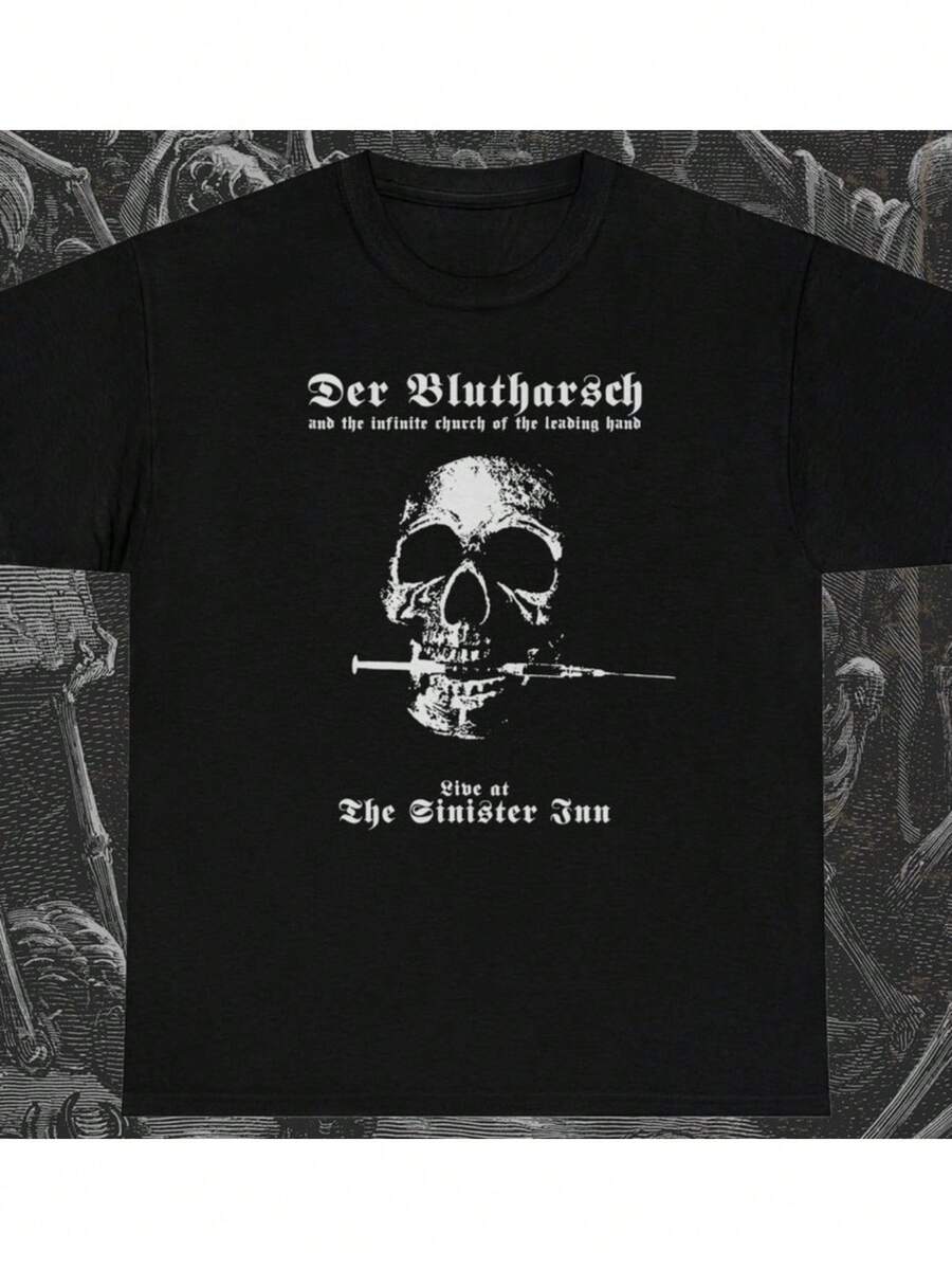 Camiseta vintage de estilo americano para verano, divertida camiseta negra estampada, estampado de calaveras de Der Blutharsch actuando en Sinister Inn, diseño de banda de metal gótico, adecuada para conciertos y festivales de amantes de la música, estilo unisex para otoño, álbum de la Copa Mundial 2026, de alta calidad, camiseta para hombre. - Negro - Ver 1