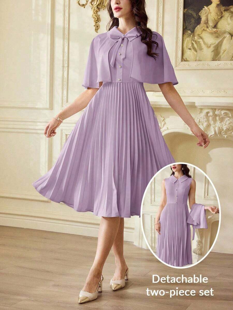 Conjunto elegante vintage clásico de 2 piezas para mujer con capa y mantón de primavera y verano, y vestido con cuello plisado en beige para vacaciones, atuendos de verano para mujer, atuendos casuales de negocios para mujer, atuendos de primavera para mujer, atuendos de profesora para mujer, atuendos de festival para mujer, vestido de Pascua para mujer, ropa de mujer para vacaciones tropicales, vestidos blancos para mujer, vestidos de cumpleaños para mujer, conjuntos de 2 piezas, ropa de iglesia para señoras, vestido de graduación para mujer - Púrpura malva - Ver 1