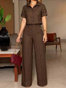 ANCHOSE Conjunto de camisa de botones de cuello corto azul marino de verano para mujer + pantalones de pierna ancha con cintura elástica alta, conjunto de atuendo casual minimalista para ir al trabajo - Café integral - Ver 9